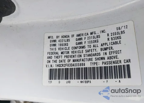 2013 Honda Accord Ex-L z USA, uszkodzony, nr VIN 1HGCR2F83DA005898